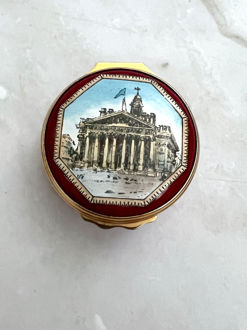 Halcyon Days Enamel Box Royal Exchange London Landmark Red Gold English Hand